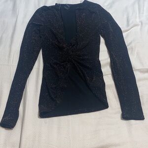 Privy Sparkly Sheer Black V-Neck Long Sleeve Blouse Small